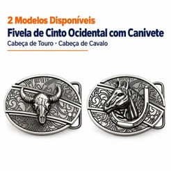 Fivela de Cinto Country com Canivete e Relevo de Cavalo ou Touro 7,6x5,8cm