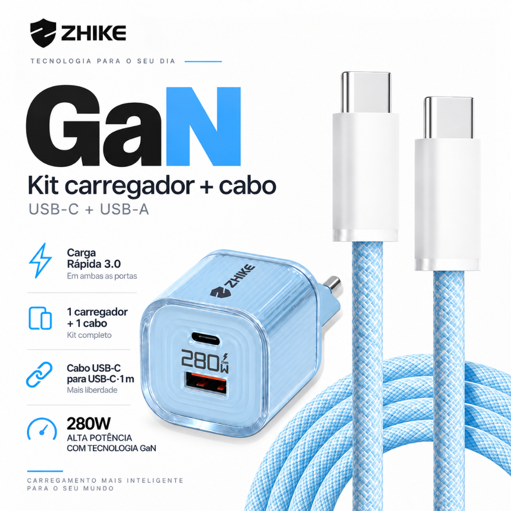 Kit PD Cabo Carregador Carregamento Rápido ZHIKE Adaptador GaN Tipo C Para Tipo C 1M Nylon Trançado