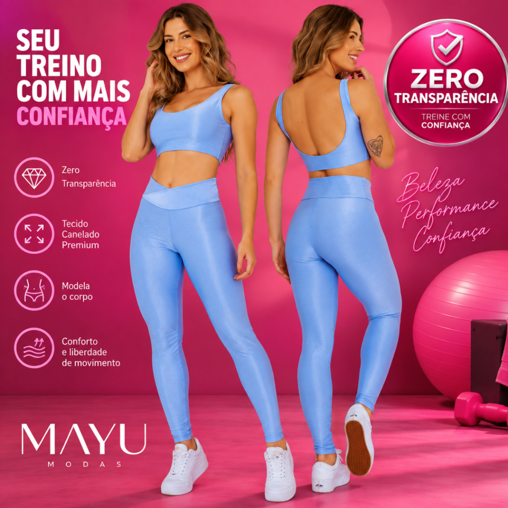 Conjunto Fitness Feminino Canelado Zero Transparência Brilhoso Calca e Top Academia Modelador