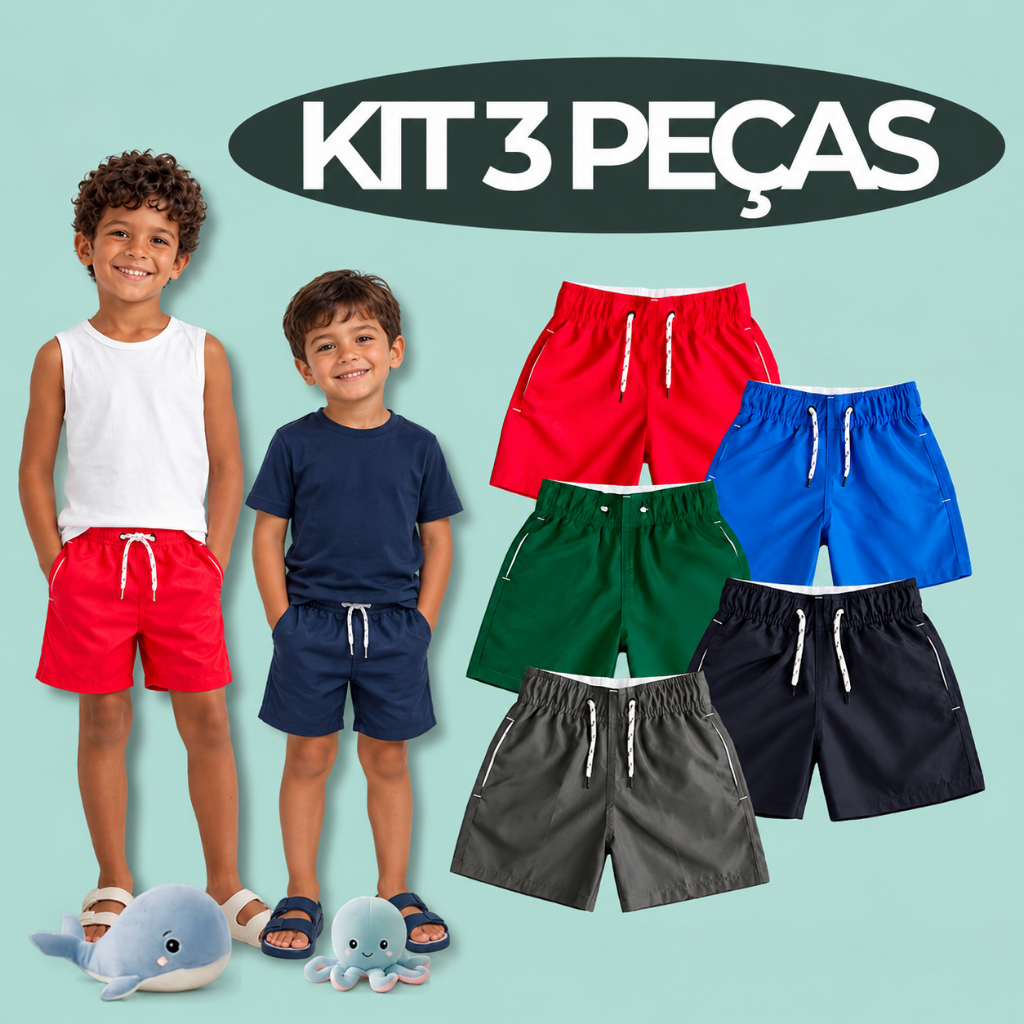 Kit 3 Short Bermuda Infantil Juvenil Tactel Menino Praia Com Bolso Elastano Premium 2 a 16 Anos