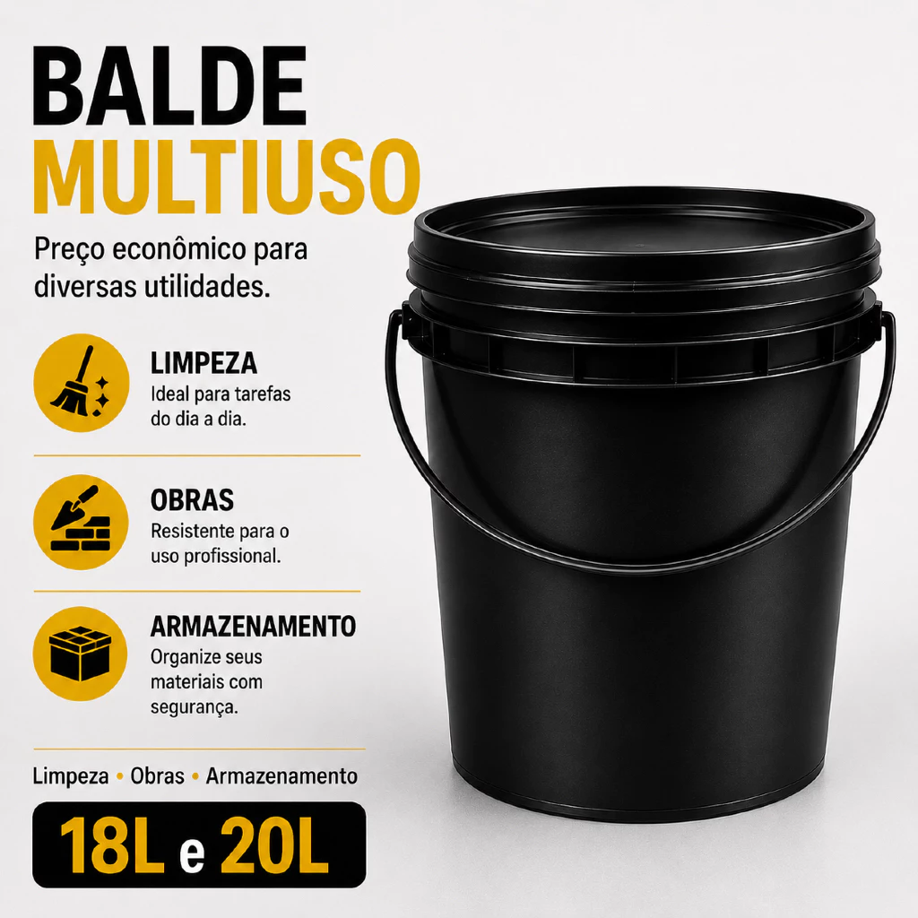Balde Plástico Preto Liso 20 e 18 Litros - Multiuso Com Tampa e Alça Reforçada Tinta Limpeza Obra