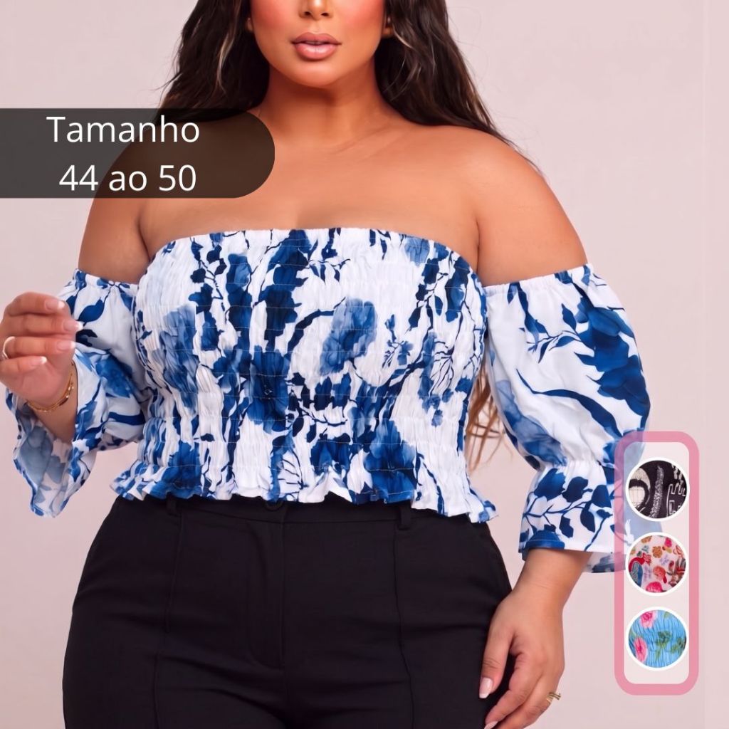 Cropped Blusa Ciganinha Lastex Lycra Ombro a Ombro Crepinho Feminina Plus Size  Curvy +