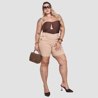 Shorts Feminino Plus Size Social Alfaitaria Bengaline 6 Botões Bolsos Cintura Alta Super Elegante Luxuoso Confortável