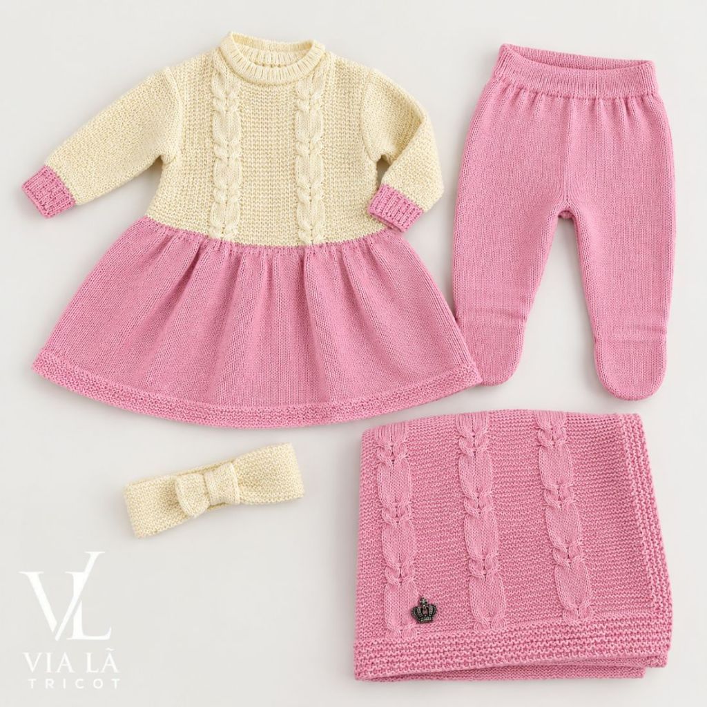 Kit Bebê Menina Tricô 4 Peças Manta Calça Blusa Faixa Recém Nascida