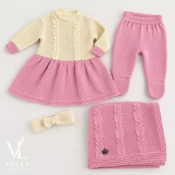 Kit Bebê Menina Tricô 4 Peças Manta Calça Blusa Faixa Recém Nascida