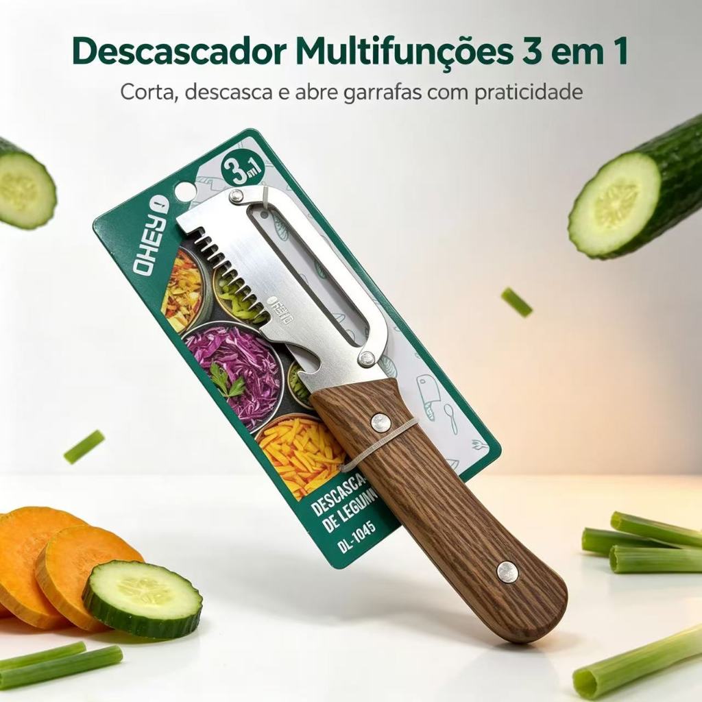 Descascador De Aço Inoxidável 3 Em 1 Para Fatiar E Descascar Cozinha Com Alça De Madeira Abridor De Garrafas