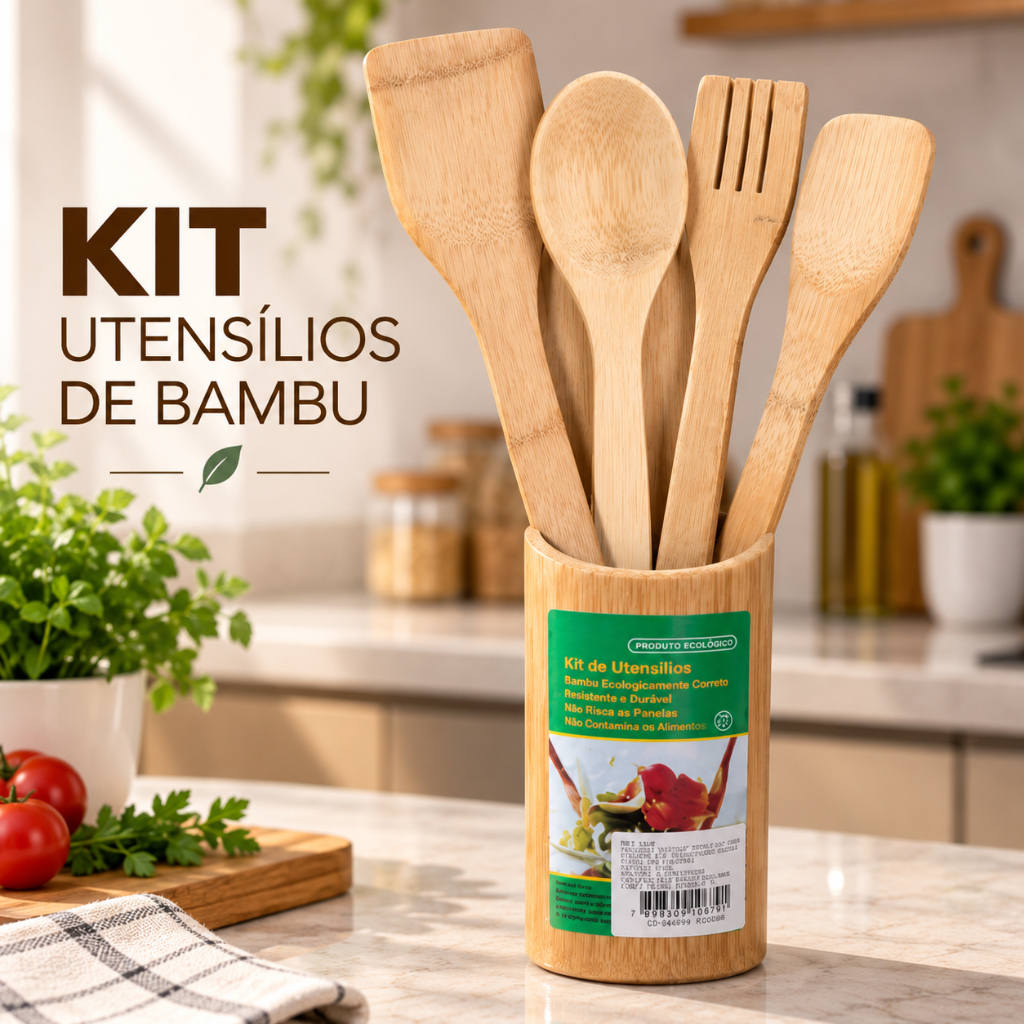 Kit Utensílios de Bambu 5 Peças Cozinha com Suporte Utilidade Doméstica