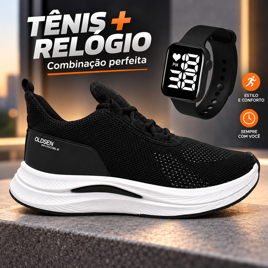 Tênis Oldsen Nivus Slip On Tricot Masculino Academia e Corrida Confortável + Relógio Digital