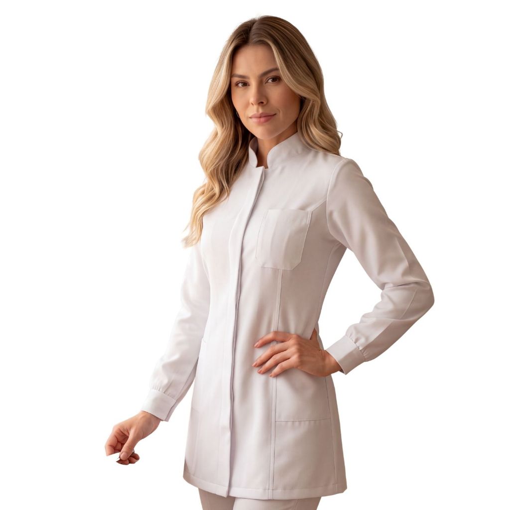 Jaleco Feminino Oxford Acinturado Manga Longa Botão Punho Gola Padre Enfermagem Médica