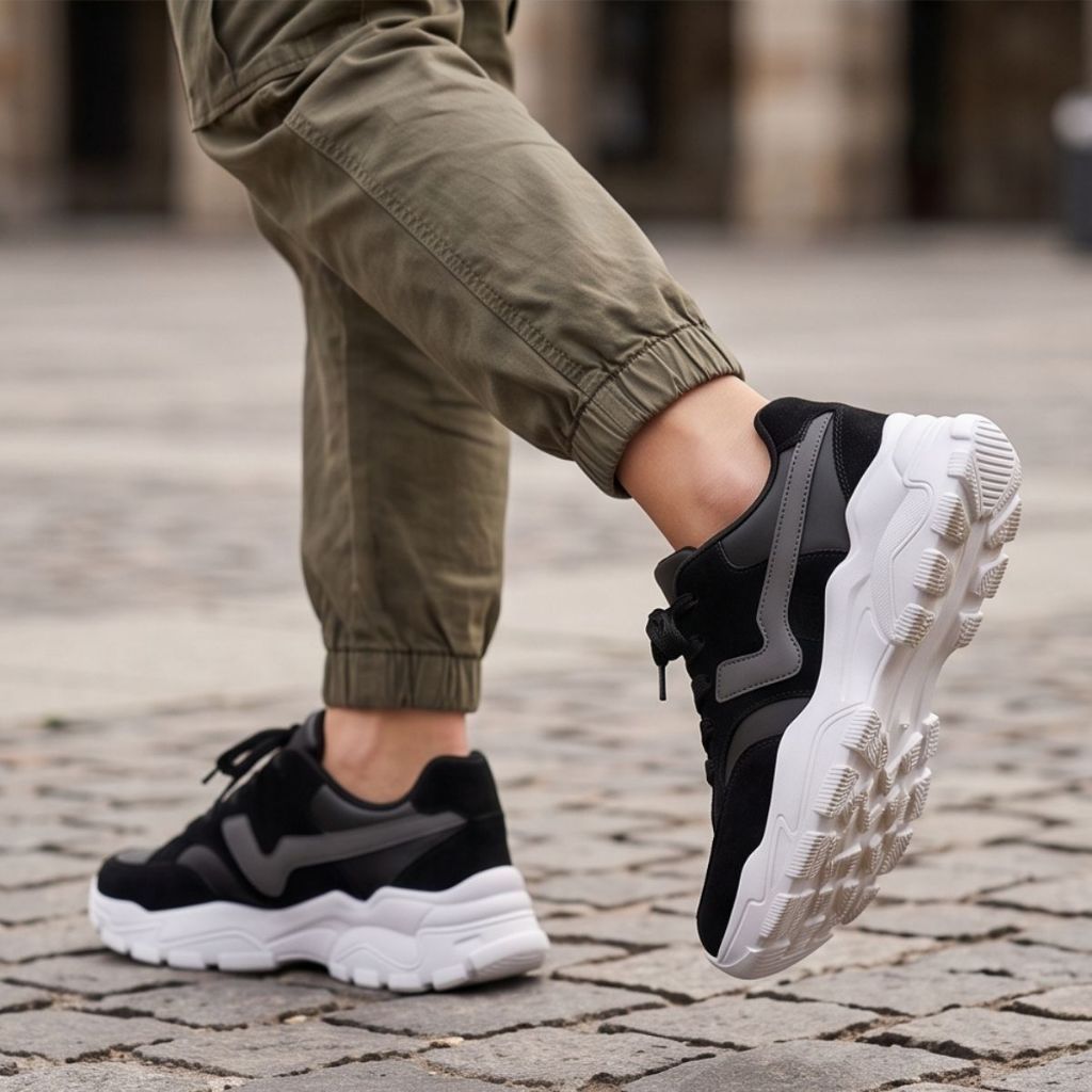 Tênis New Feminino Black Chunky Branco Camurça Antiderrapante Solado Macio Lançamento 4060