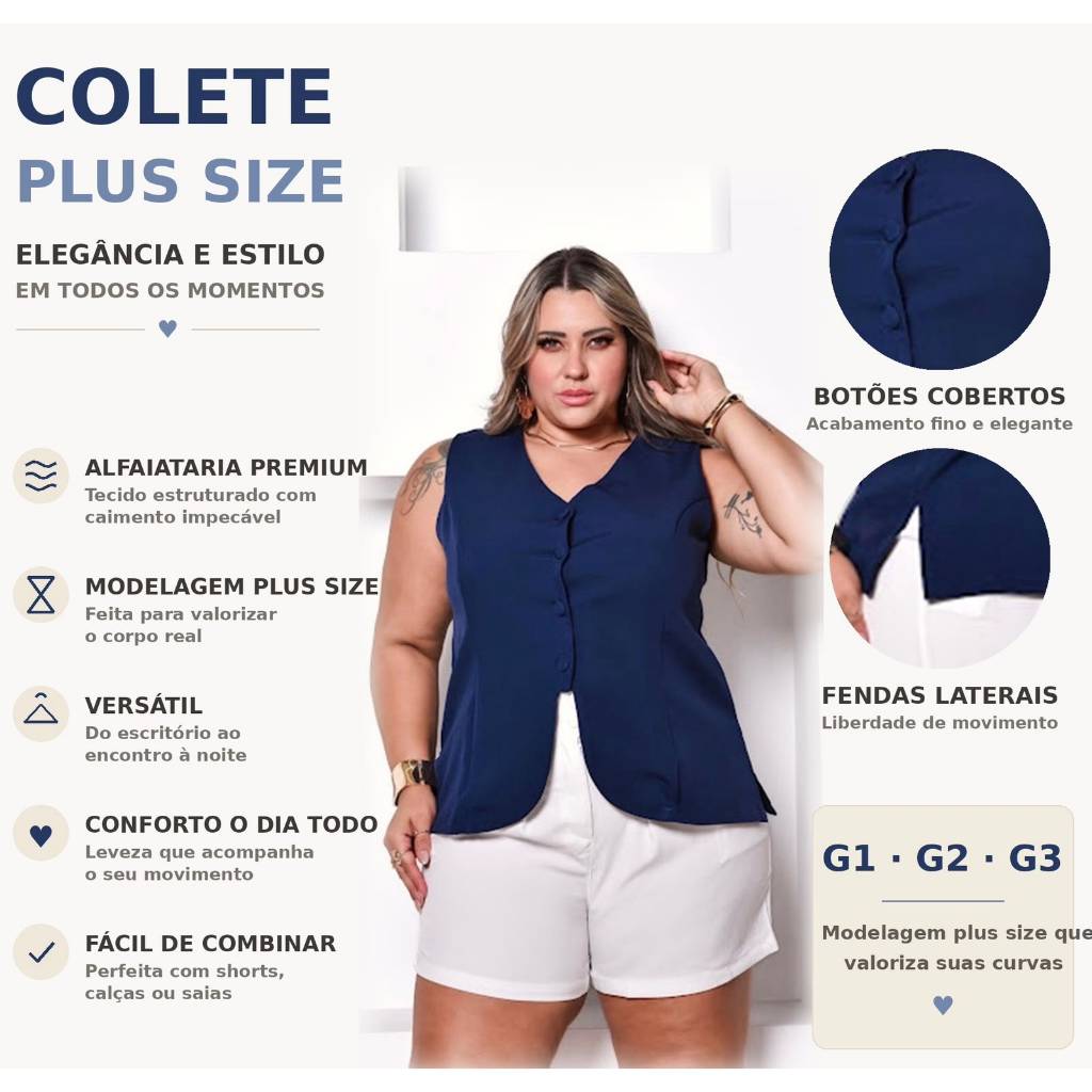 Colete Longo Social Feminino Plus Size Elegante Casual Alfaiataria