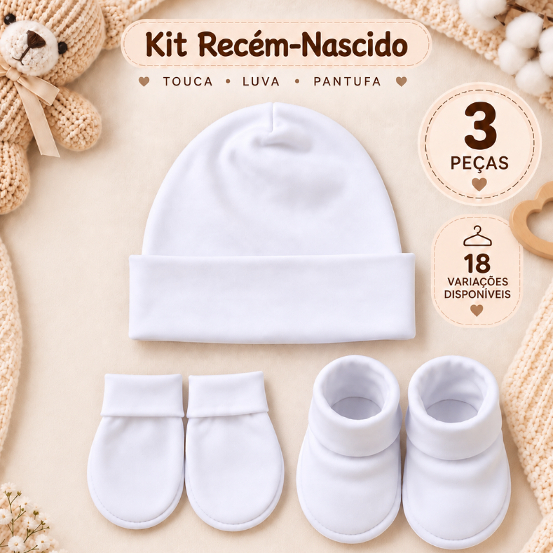 Kit 3 Peças Enxoval Bebê Recém Nascido Touca Luvas Pantufas Algodão Saída Maternidade