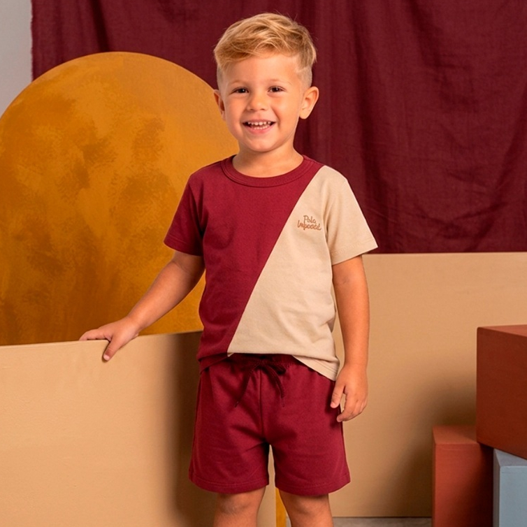 Conjunto Bebê Masculino Curto Estampa com Recorte Bordo e Canela