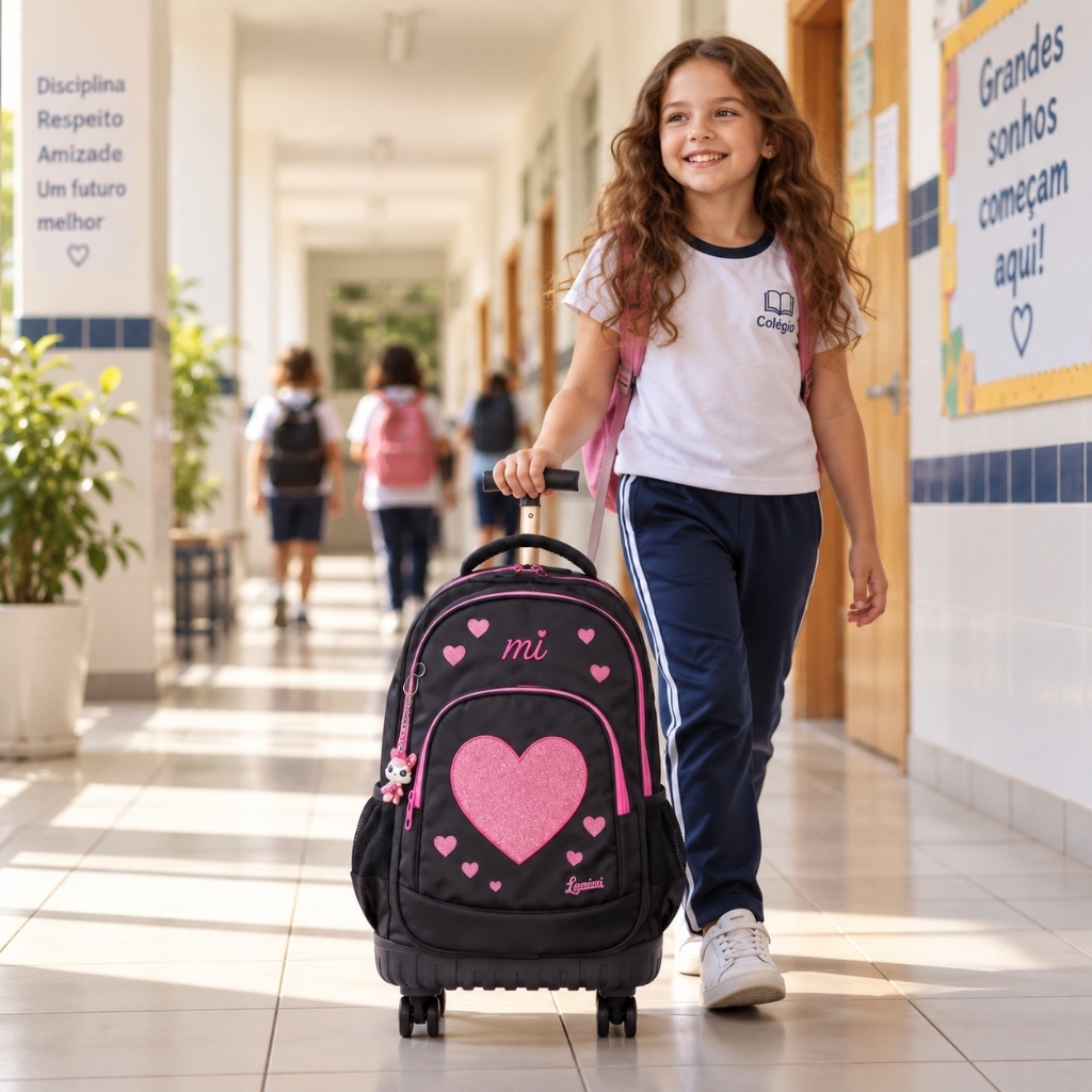 Mochila Escolar Infantil Feminina Rodinhas 360° Coração