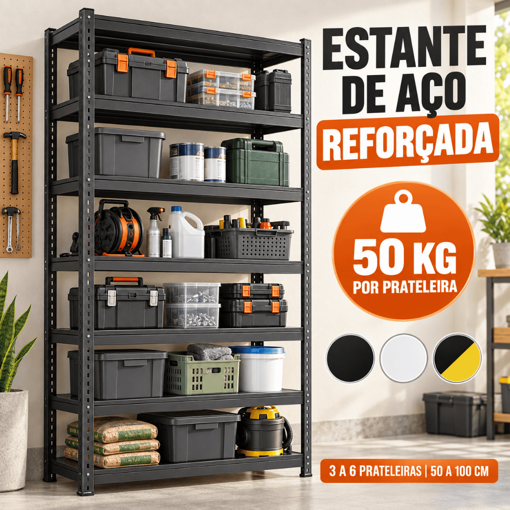 Estante de Aço Reforçada 3/4/5/6 Prateleiras até 300kg Organizadora Multiuso Garagem Cozinha Despensa Estoque Lavanderia