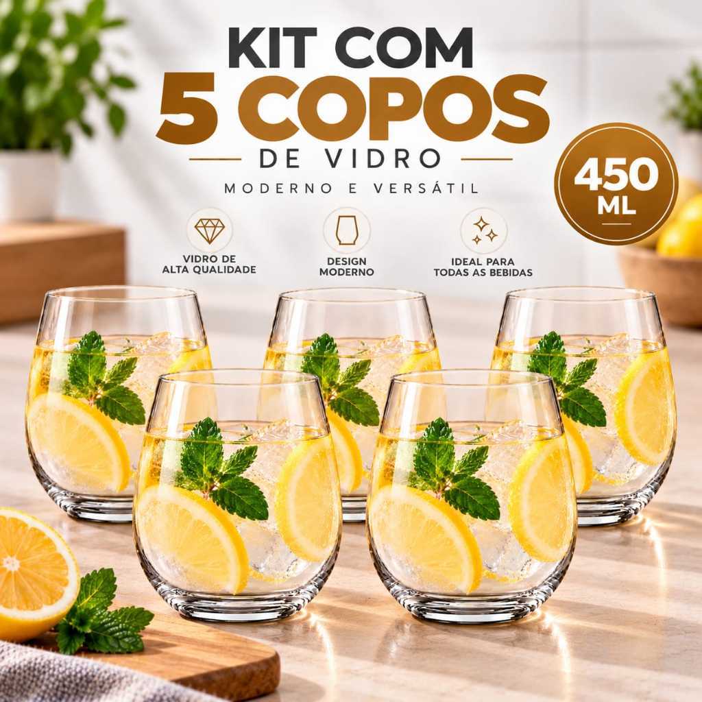 Jogo Copos 5 Unidades Kit Com 5 Copos Vidros 450 Ml Agua Sucos Bebidas Jogo 5 Copos 450 ML