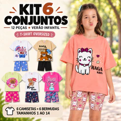 Kit 6 Conjuntos Infantil Juvenil Menina Verão T-SHIRT OVERSIZED 6 Blusas + 6 Shorts Sortidos Tam 1 ao 14