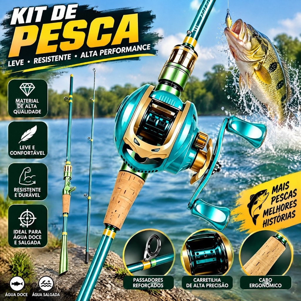 Kit de vara de pesca em fibra de carbono + molinete AC2000 ou manípulo para destros/canhotos