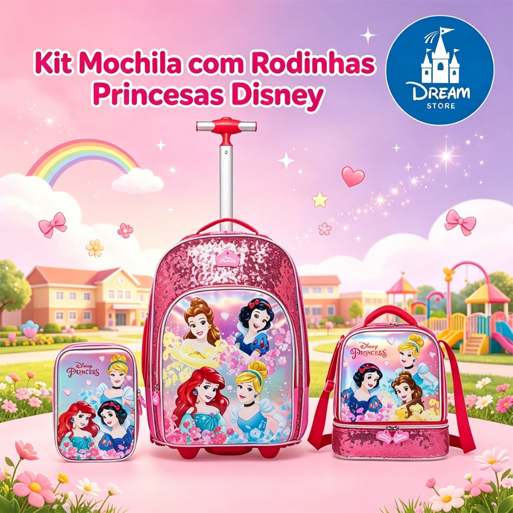 Kit Mochila de Rodinhas Princesas Escolar Infantil Menina Disney