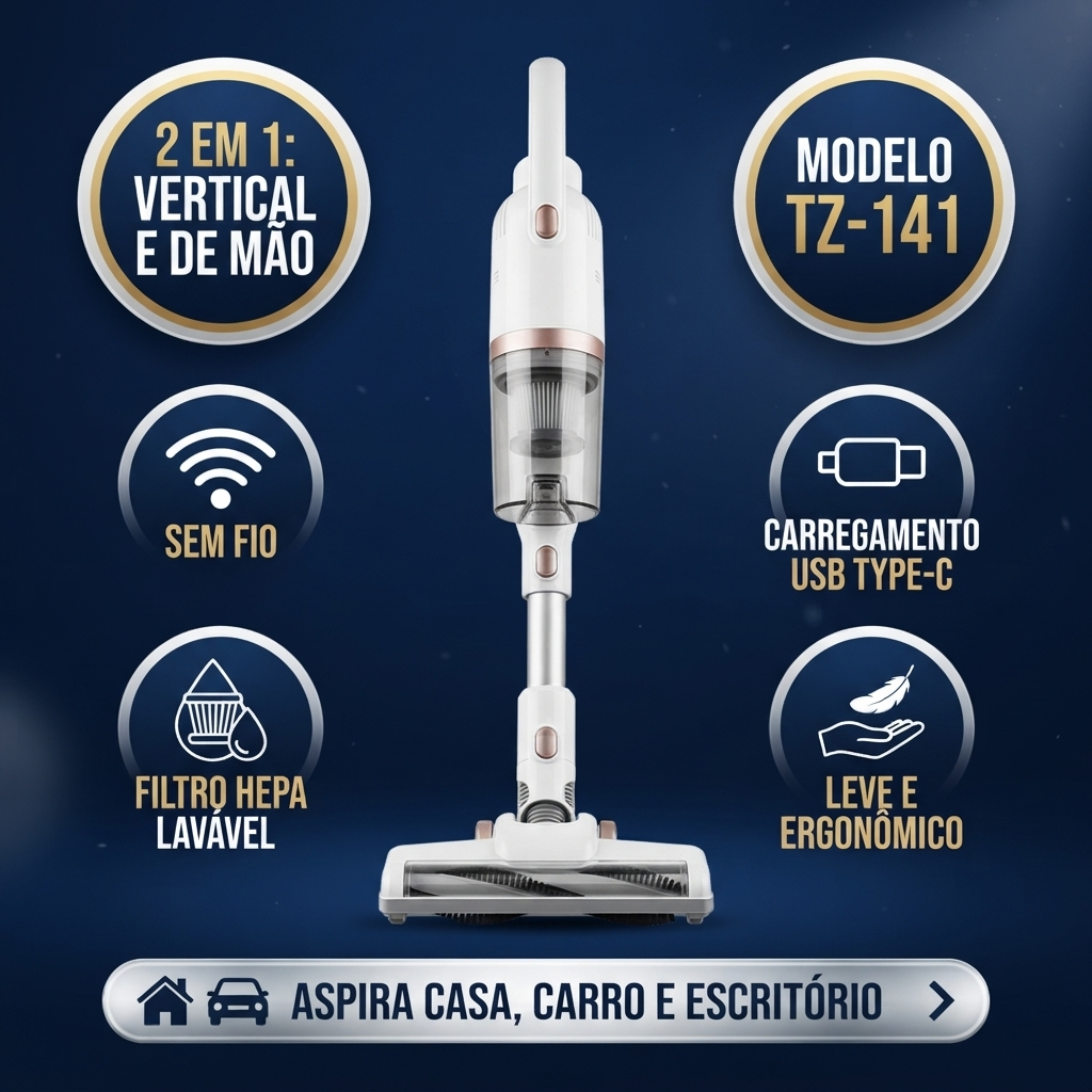 Aspirador de Pó Vertical Sem Fio 2 em 1 Recarregável Bivolt Portátil Filtro HEPA TZ-141