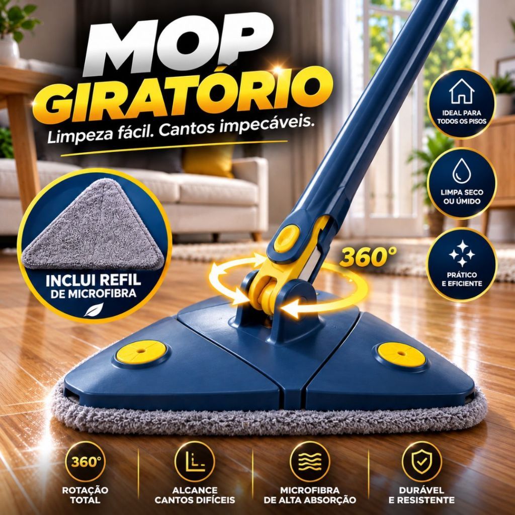 Mop Giratório 360° Triangular com Refil de Microfibra Lavável | Esfregão para Piso, Cantos e Rodapés