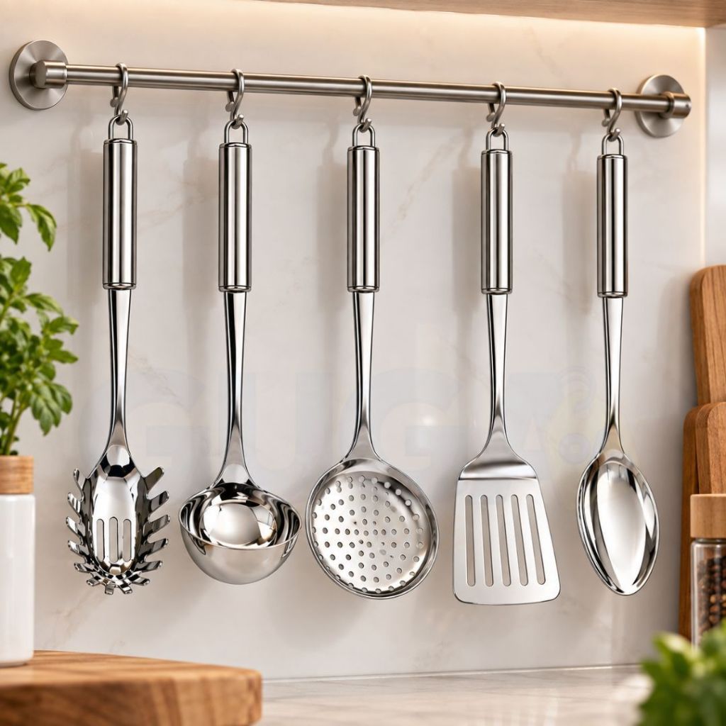 Kit 5 Utensílios de Cozinha Inox Concha Colher Escumadeira Pegador de Massas Espátula Vazada