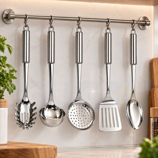 Kit 5 Utensílios de Cozinha Inox Concha Colher Escumadeira Pegador de Massas Espátula Vazada