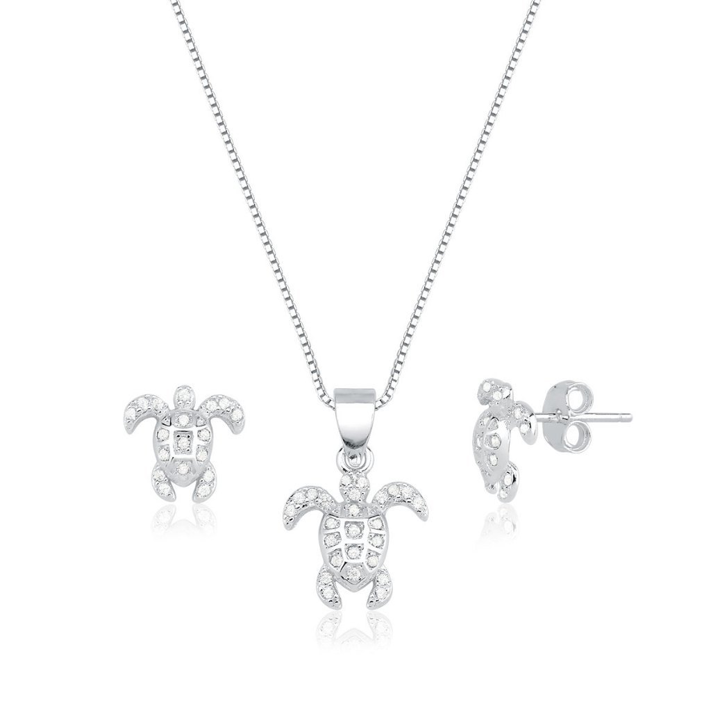 Conjunto Brinco e Colar de Prata 925 Tartaruga Cravejada