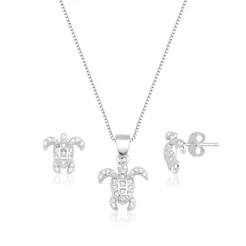 Conjunto Brinco e Colar de Prata 925 Tartaruga Cravejada