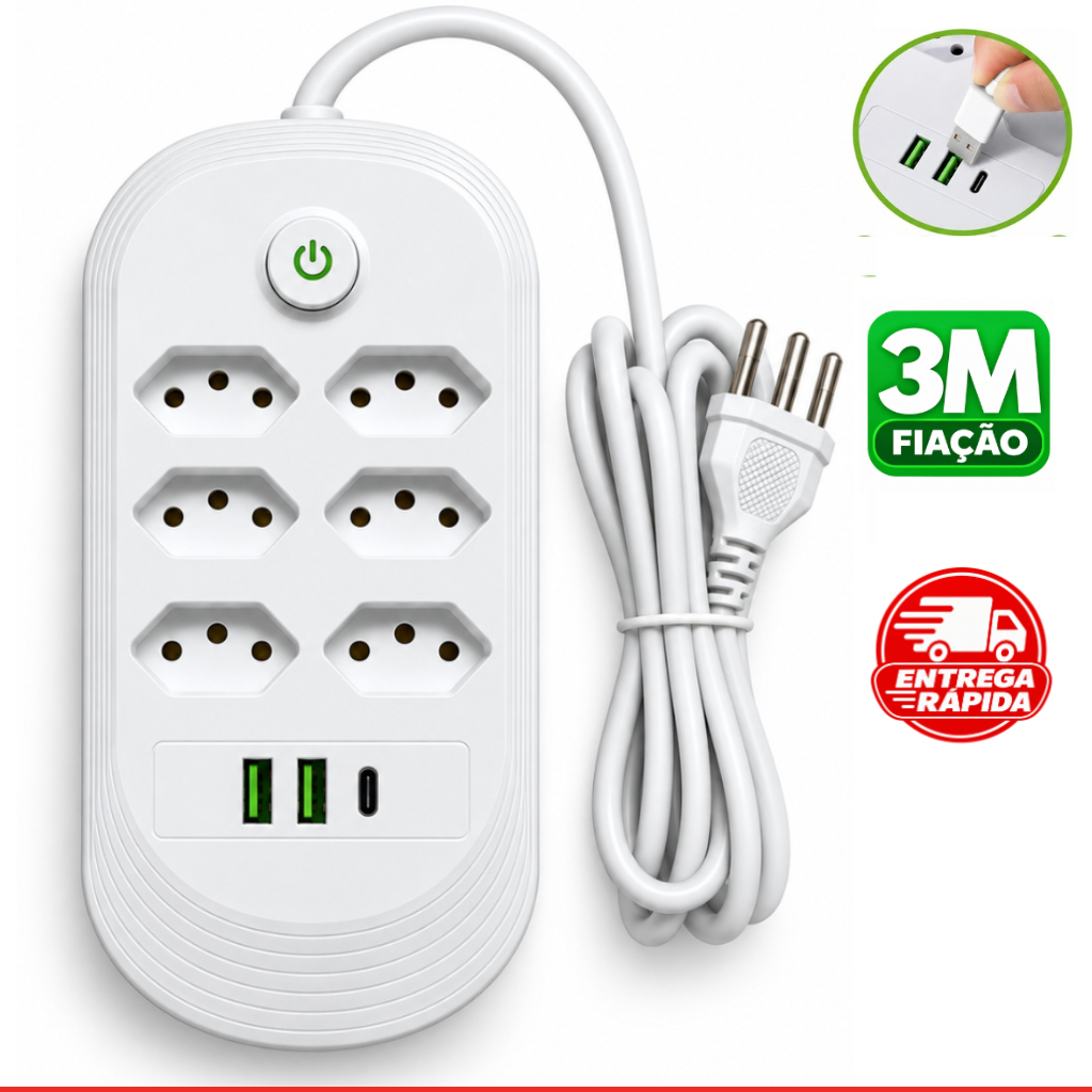Régua Filtro de Linha Extensão Elétrica Cabo 3 Metros 6 Tomadas 2 USB 1 USB-C Type-C 10A 110V Extensão de Tomada