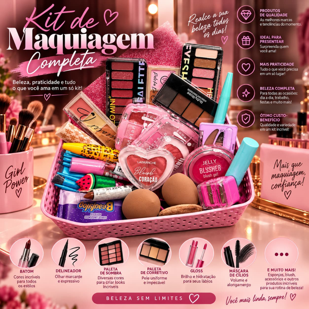 Kit Maquiagem Completo Com Necessaire Feminino Paleta de Sombras Blush Corretivo Batom Gloss Delineador Máscara de Cílio