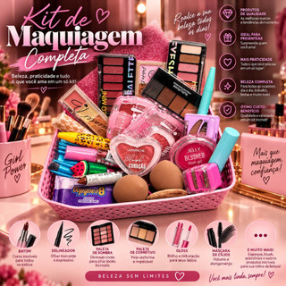 Kit Maquiagem Completo Com Necessaire Feminino Paleta de Sombras Blush Corretivo Batom Gloss Delineador Máscara de Cílio