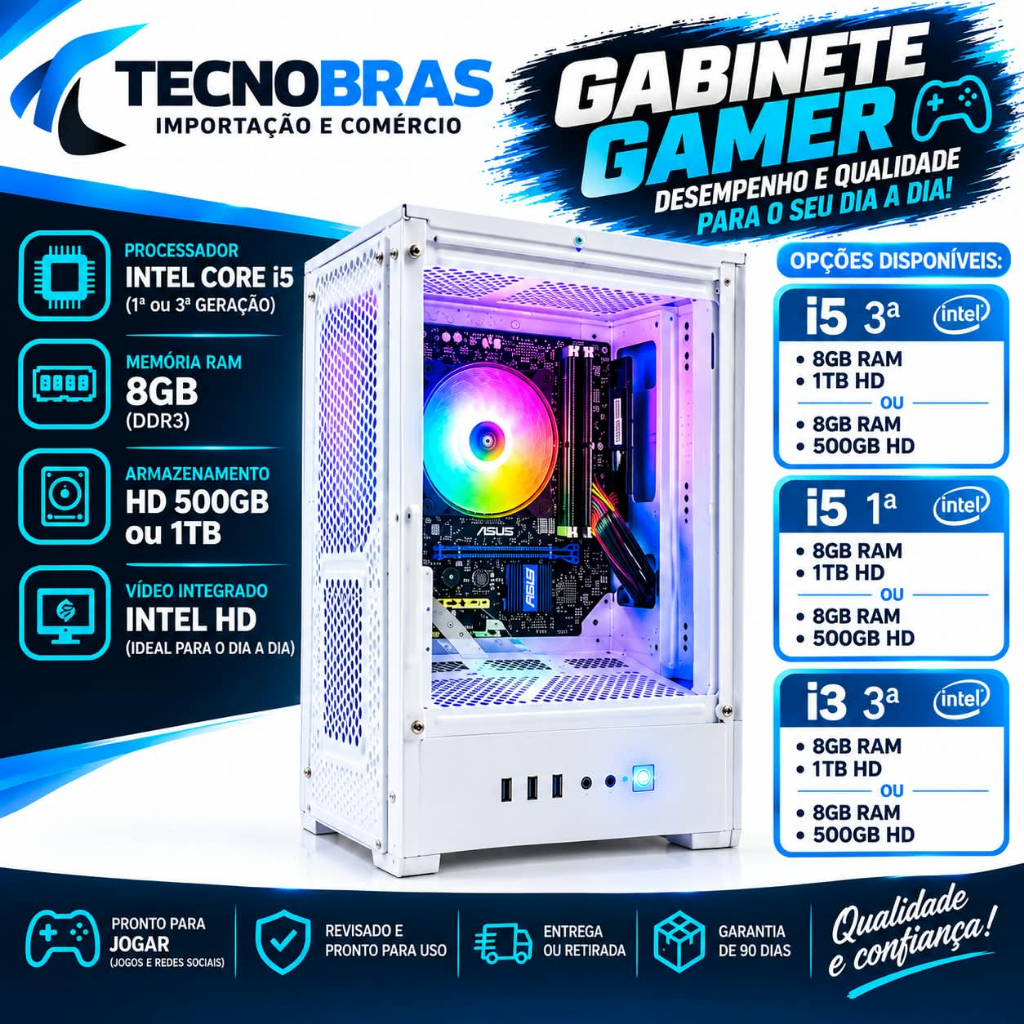 Gabinete Gamer Intel Core i3/i5 8GB RAM HD 500GB ou 1TB