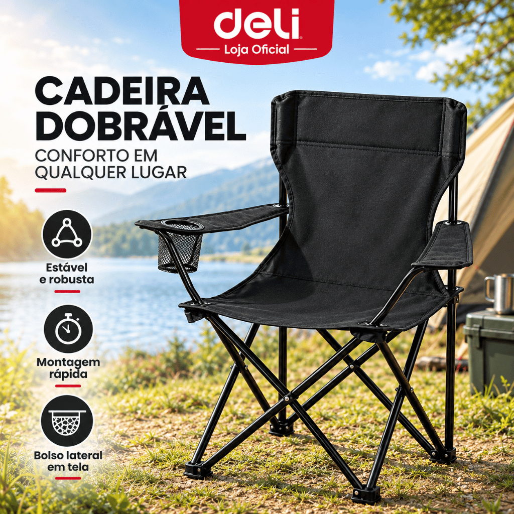 Cadeira Deli Dobrável com Porta-Copos e Apoio de Braço para Uso Portátil