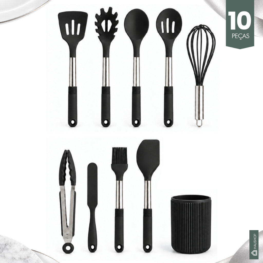 Kit Utensílios Cozinha 10 Peças Silicone Cabo Inox Grande Premium com Suporte: Não Enferruja Resistente Haushop Completo