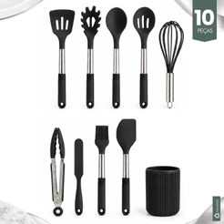 Kit Utensílios Cozinha 10 Peças Silicone Cabo Inox Grande Premium com Suporte: Não Enferruja Resistente Haushop Completo