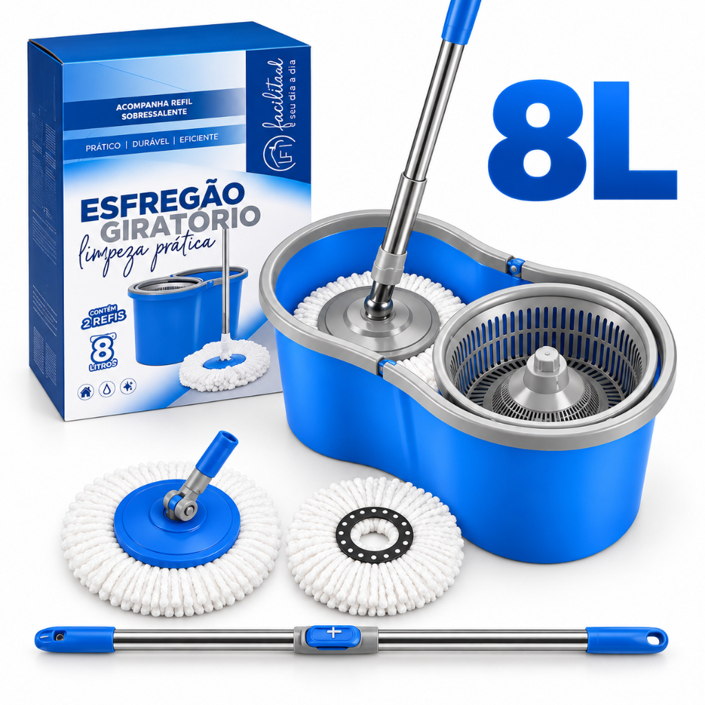 Mop Giratório Balde 8L Esfregão Limpeza Prática 360 Com Refil Microfibra
