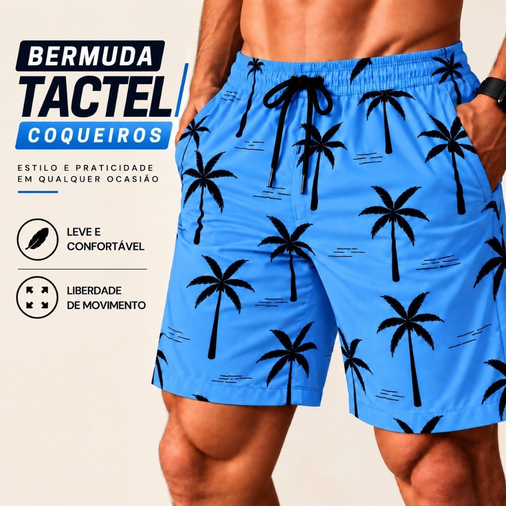 KIT 4 Bermudas Masculinas Tactel Estampada Premium com Elastano Cós Elástico Cordão Bolsos