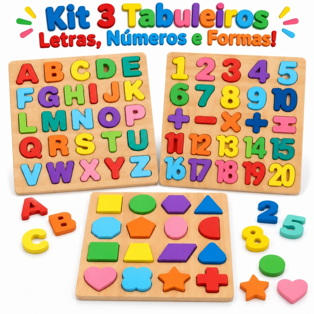 Kit 3 Tabuleiros Madeira Montessori Brinquedo Educativo 3 Anos Alfabeto Letras Números Formas