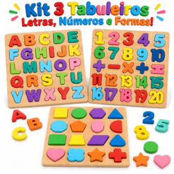 Kit 3 Tabuleiros Madeira Montessori Brinquedo Educativo 3 Anos Alfabeto Letras Números Formas