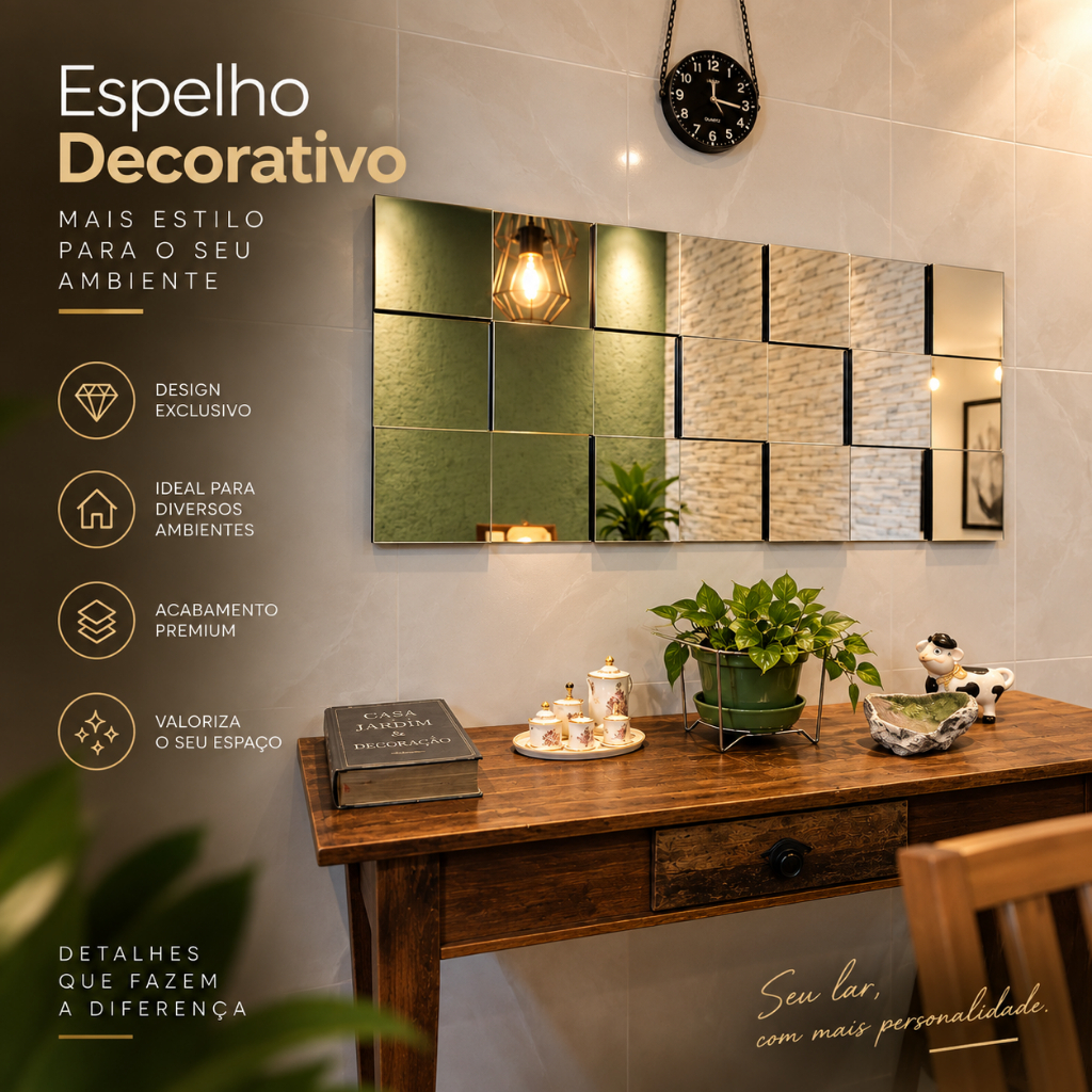 Espelho 3D Painel Vidro Decorativo Adesivo p/ Banheiro Quarto Sala Hall Lavabo Loja