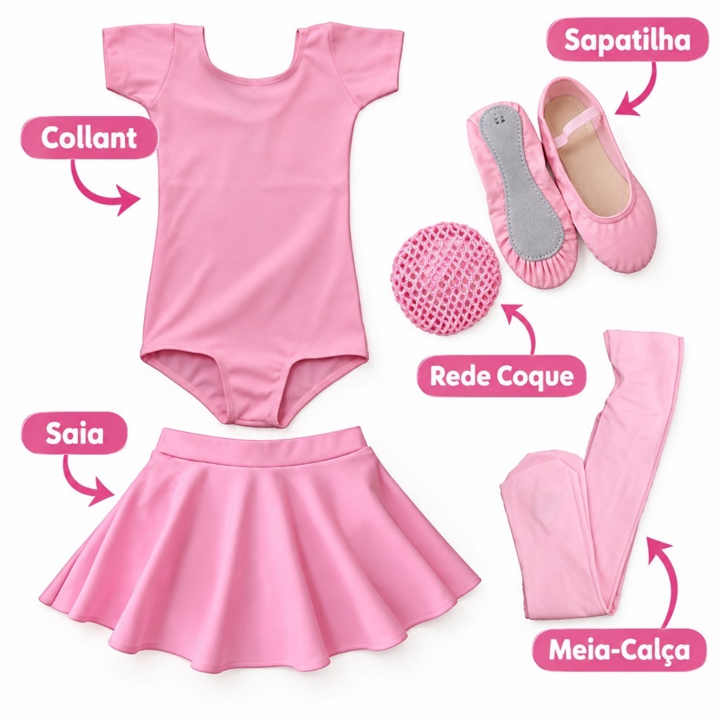 Kit Roupa De Ballet Infantil 5 Itens Collant Meia Manga e Saia de Cós Balé