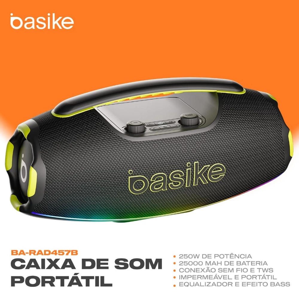 Caixa de Som Bluetooth portátil Basike RAD457B 250W Boombox Grave Forte 25000mah RGB IPX6 TWS