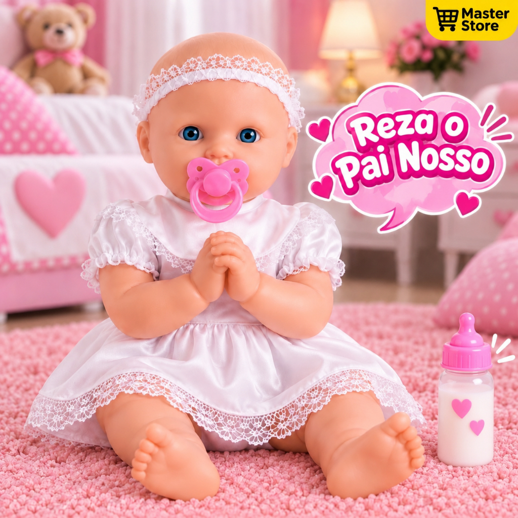 Boneca Bebe Oração Reza Pai Nosso Acessorios Infantil Chupeta Brinquedo Menina Tipo Bebe Reborn