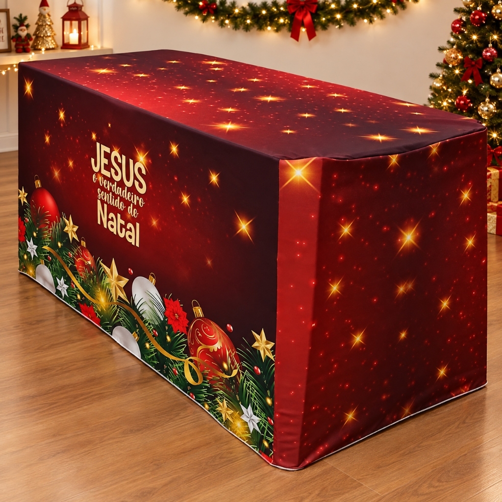 Capa de Mesa Festa Decoração Natal Forro de Mesa Em Tecido Veste Fácil Sublimado