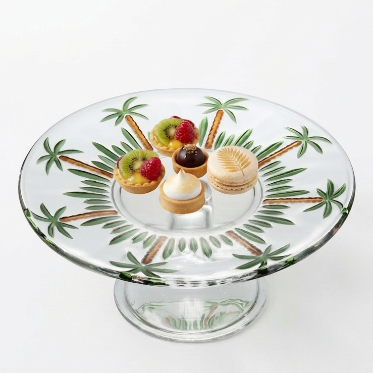 Prato com Pé Palm Hand Painting 19cm Cristal Lyor para Mesa Posta Cozinha Decoração Sala Jantar Presente Elegante Chique
