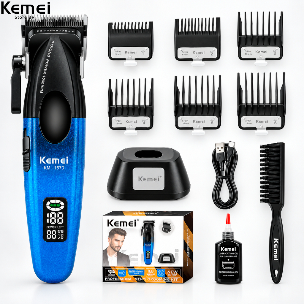MÁQUINA DE BARBEAR ORIGINAL KEMEI KM-1670 BIVOLT SEM FIO PORTATIL 210 MINUTOS DE USO 6 PENTES 8W