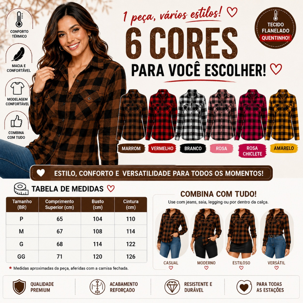 Camisa Flanelada Xadrez Feminina Sem Capuz Manga Longa Inverno Casual — imagem 2 de 2