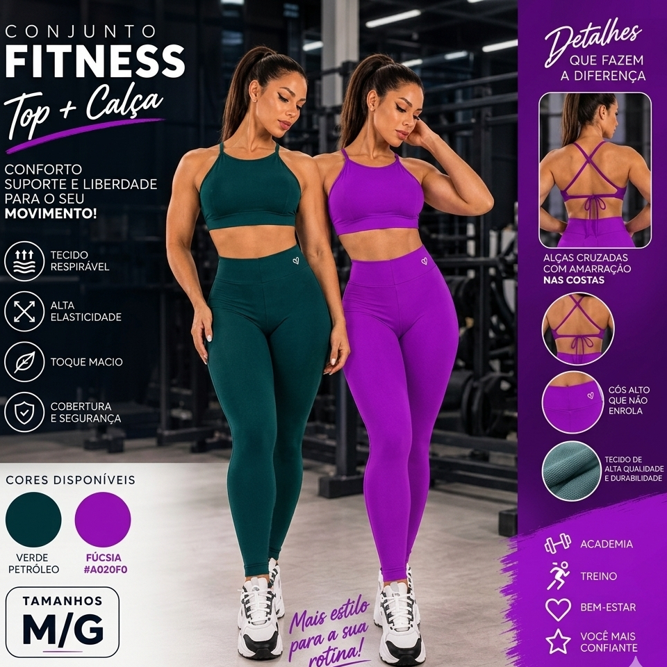 Conjunto Fitness Feminino Academia Calça Cós Alto E Top Alça Cruzada