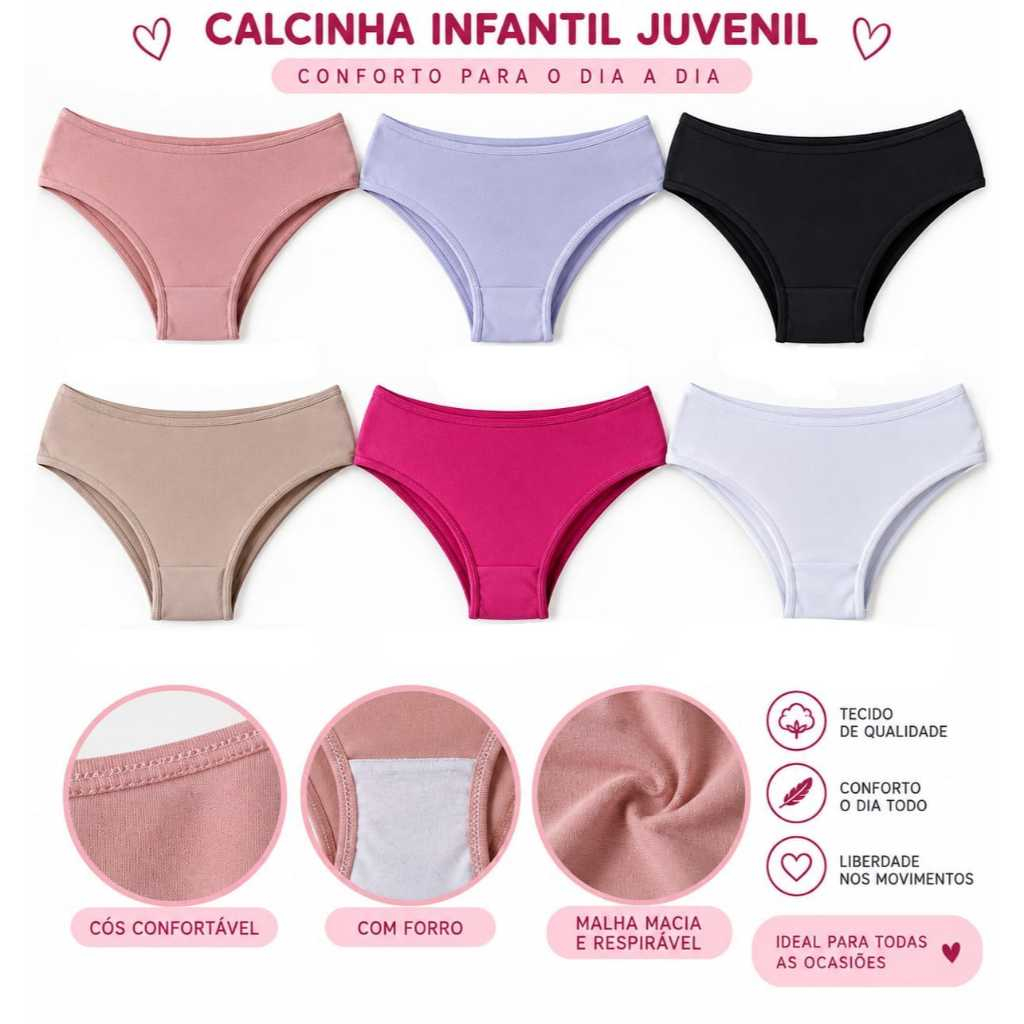 kit 10 calcinha infantil juvenil cotton forro 100% algodão confortável